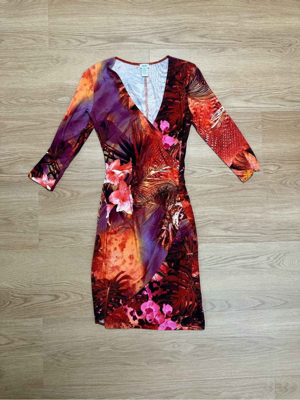 Cache Multicolor Floral Wrap-Style Long Sleeve Dress